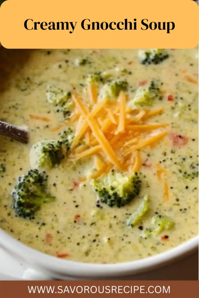 : creamy gnocchi soup with broccoli, cheddar cheese, and visible vegetable chunks