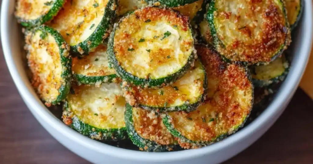 bowl of golden crispy zucchini chips with herb seasoning and breadcrumb crust, close-up view
