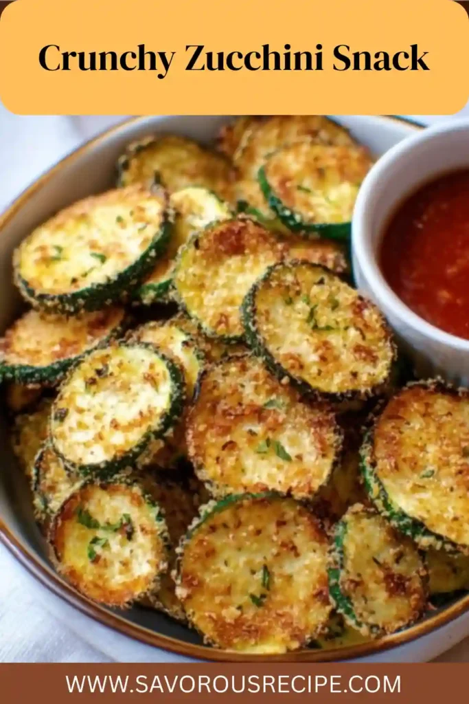 crispy zucchini chips in a bowl served with marinara dip, golden brown and garnished with herbs