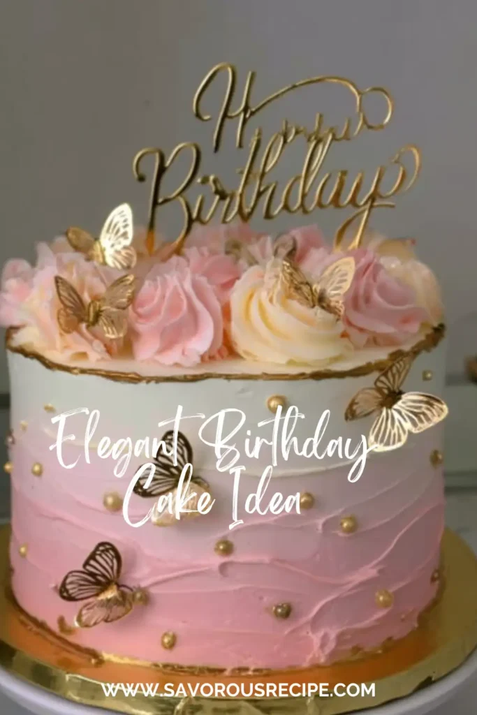 elegant pink and white birthday cake with gold butterflies and swirled frosting
