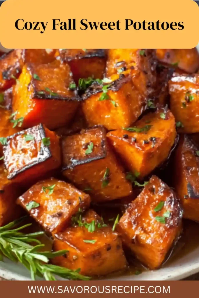 glazed sweet potato cubes with herbs and Cozy Fall Sweet Potatoes text overlay