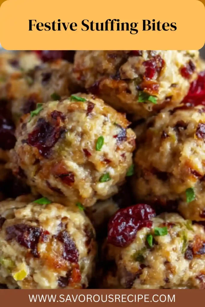 holiday stuffing bites with cranberries and herbs stacked closely with text overlay