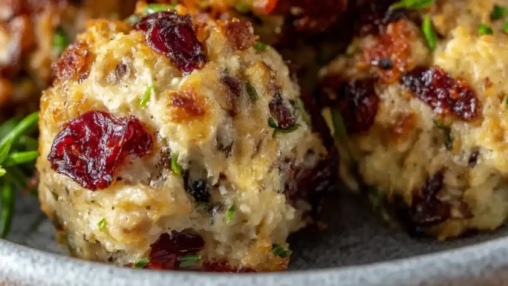 golden brown stuffing bites with cranberries and herbs on a gray ceramic plate