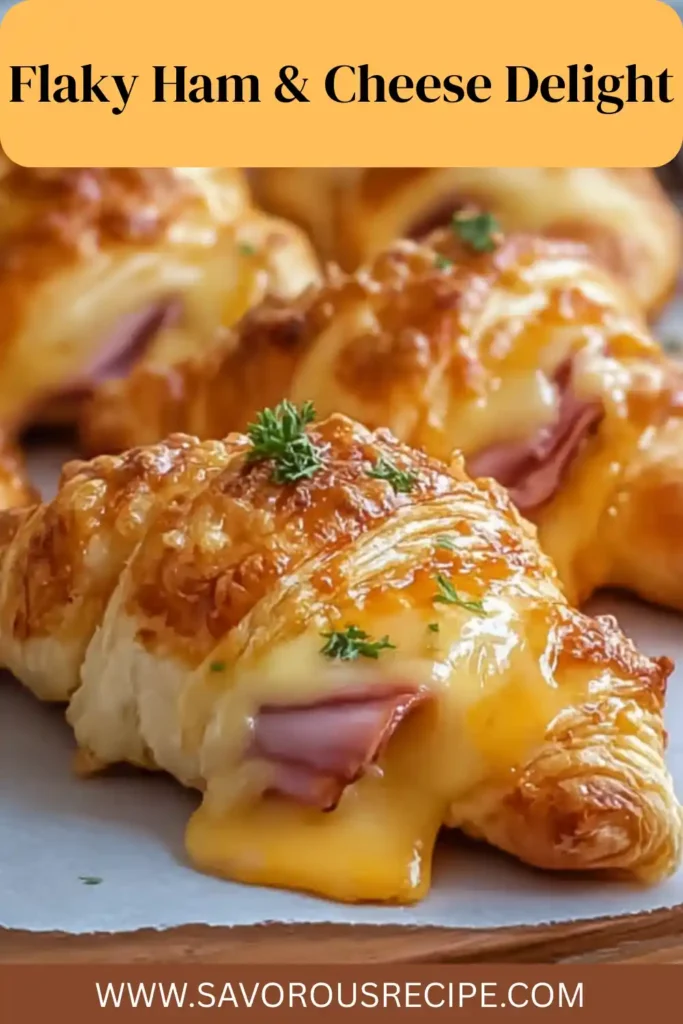 golden flaky croissants filled with melted cheese and ham, garnished with parsley on parchment