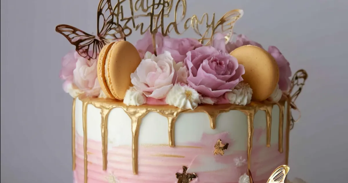 floral drip birthday cake with pink roses, gold accents, and macarons