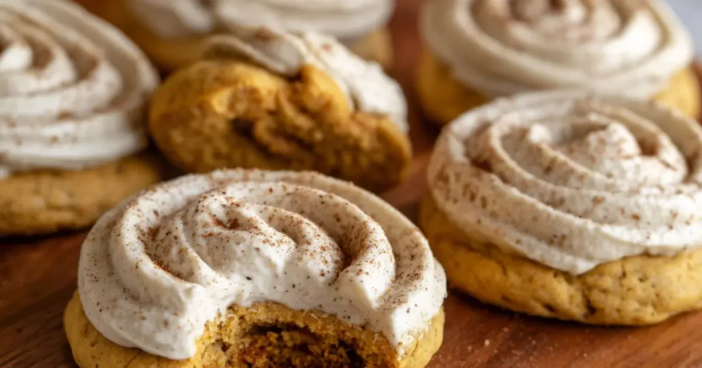close-up of frosted pumpkin cookies on wooden board with swirled cinnamon frosting and bite marks