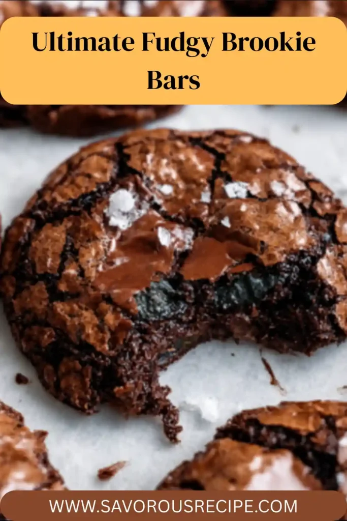 fudgy brookie bar with cracked top and gooey chocolate center on parchment