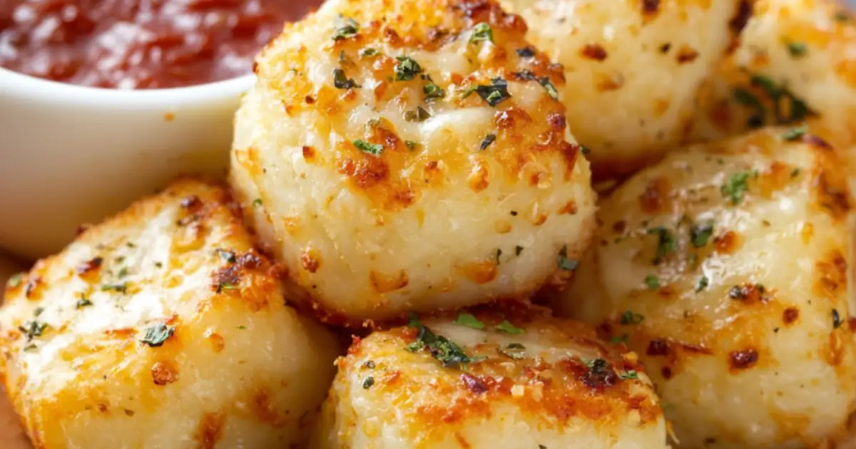 close-up of golden garlic parmesan bites with herbs and marinara dip