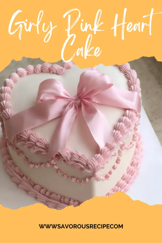 girly pink heart cake with ribbon bow and piped frosting decoration