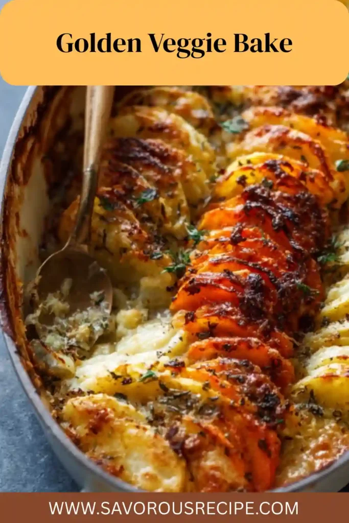 golden layered veggie bake with potatoes and sweet potatoes in a casserole dish with text overlay