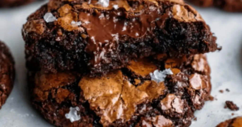 close-up of gooey chocolate brownie cookies with sea salt on parchment