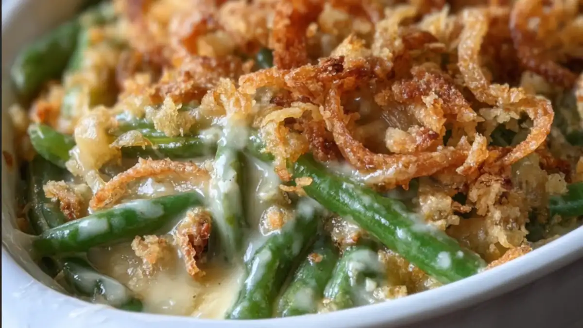 creamy green bean casserole topped with crispy fried onions in white baking dish