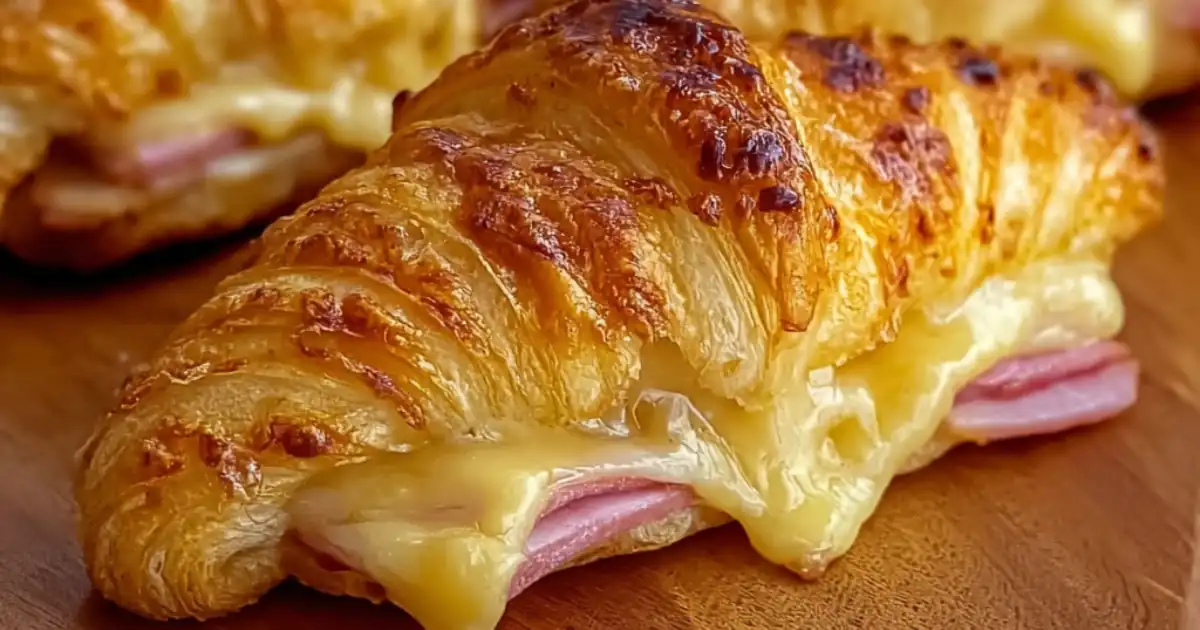golden croissant filled with melted cheese and ham, served warm on wooden board