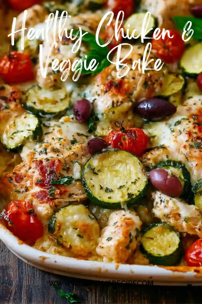 healthy chicken and vegetable bake with zucchini, cherry tomatoes, and olives