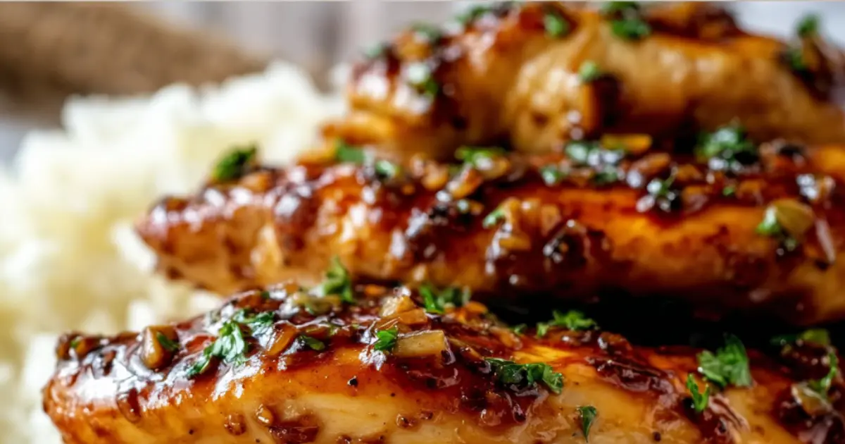 honey garlic chicken with glaze and fresh herbs served with rice