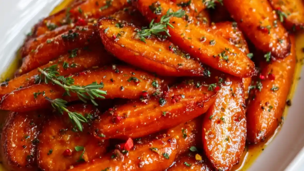 roasted honey-glazed carrots garnished with herbs and cracked pepper on a white plate