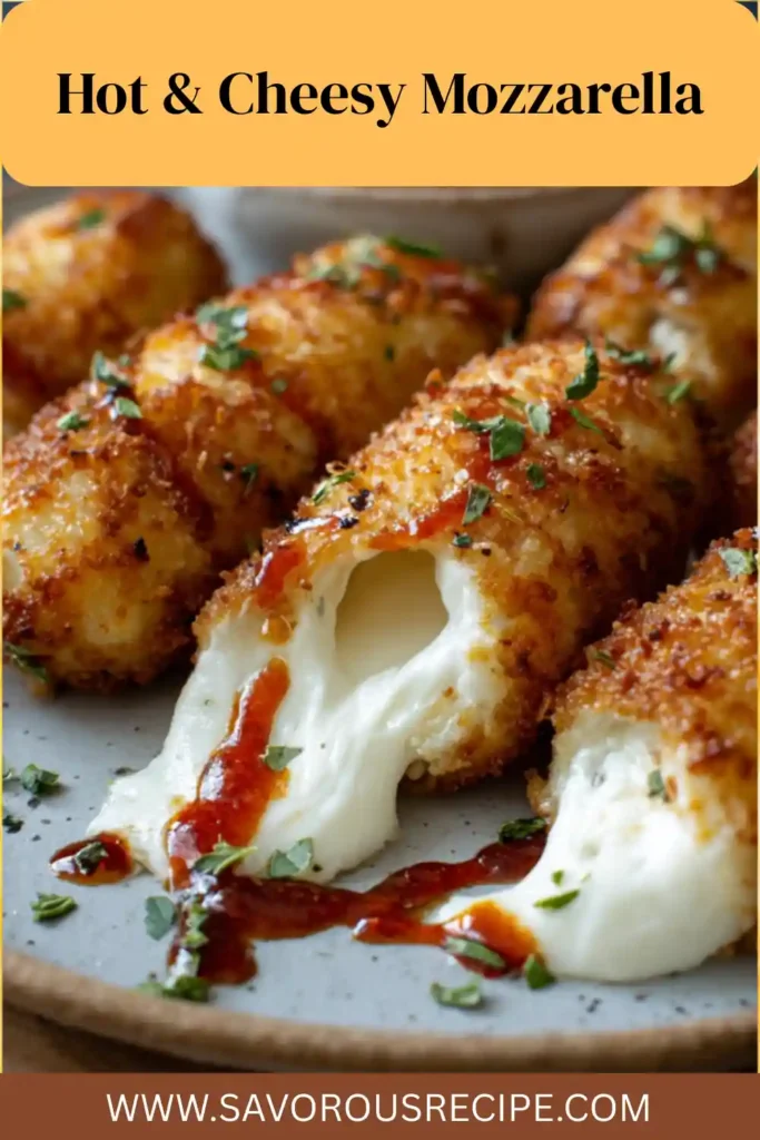crispy mozzarella sticks with golden breadcrumb crust, gooey cheese pull, and herb garnish on ceramic plate
