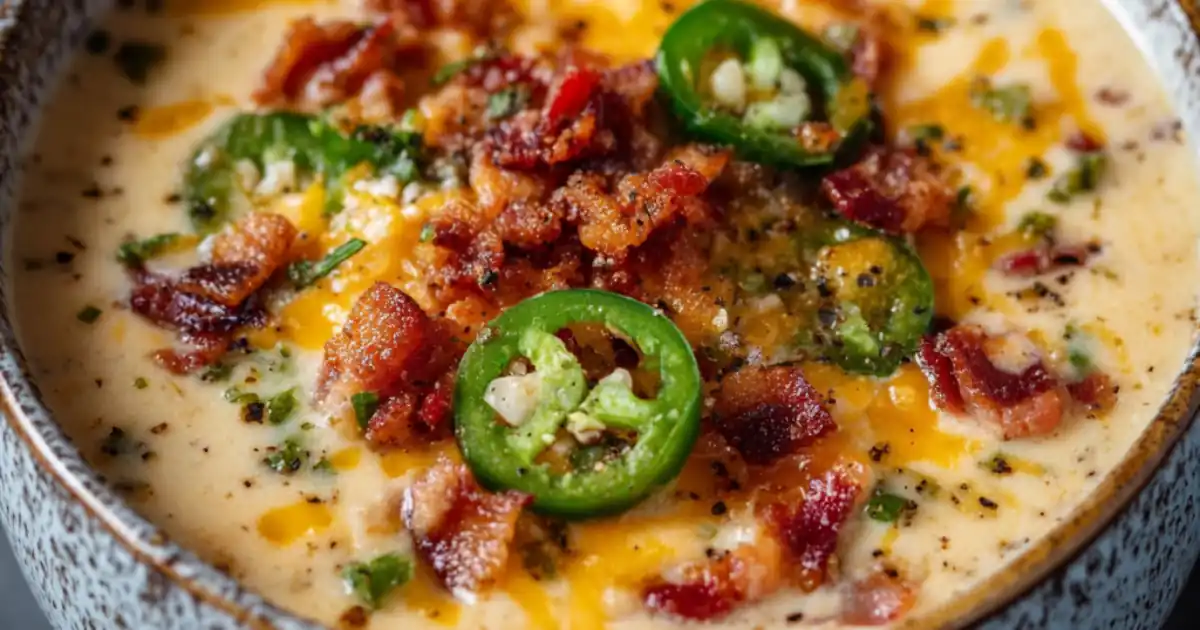 creamy cheddar soup topped with crispy bacon, sliced jalapeños, and herbs