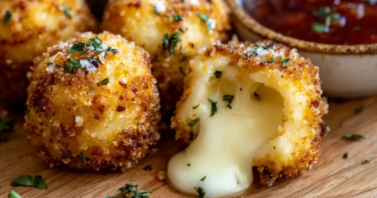 crispy fried mozzarella bites with melted cheese center and herbs served with marinara dip