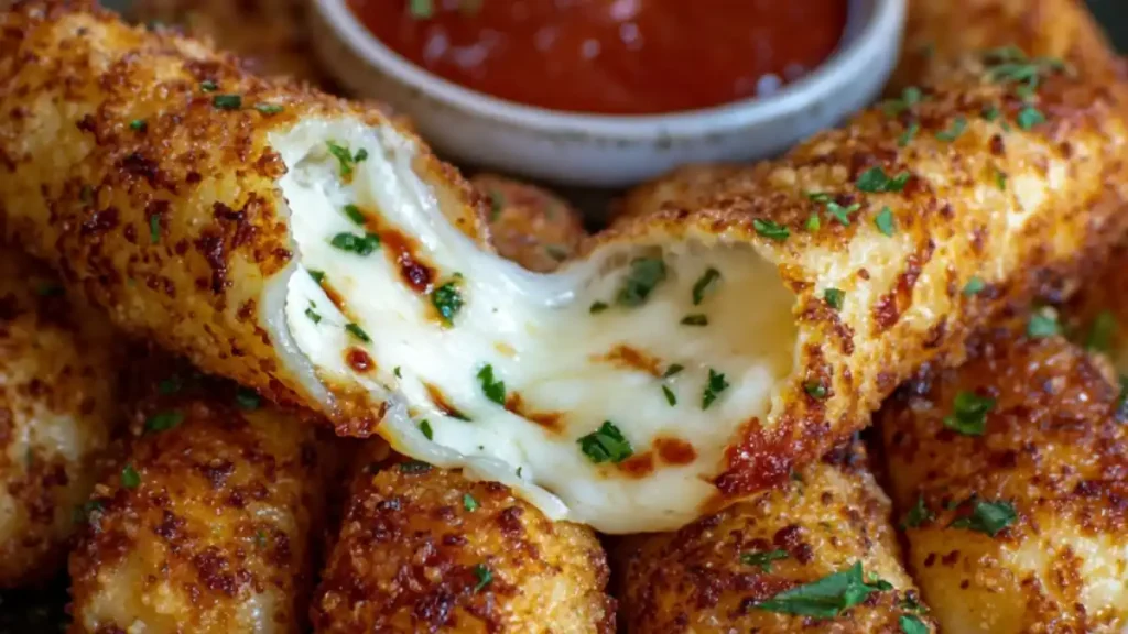 crispy mozzarella sticks with golden crust and stretchy melted cheese dip