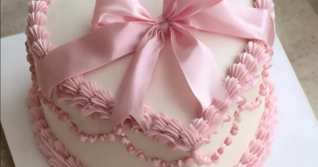 heart-shaped birthday cake with pink ribbon bow and decorative frosting