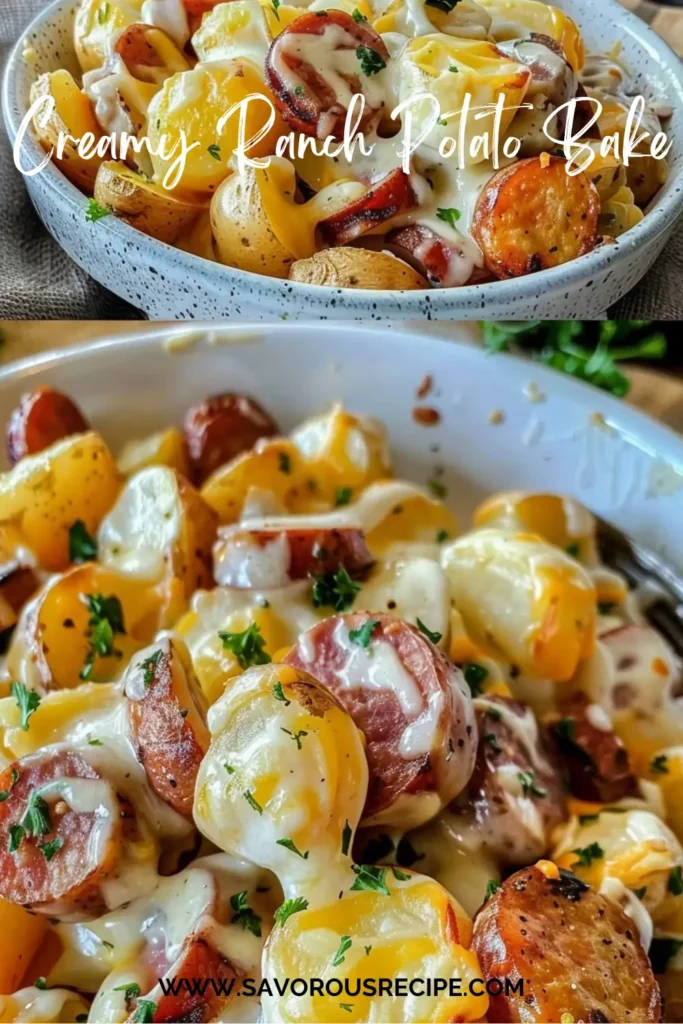 Creamy cheesy potatoes with smoked beef sausage and fresh herbs.
