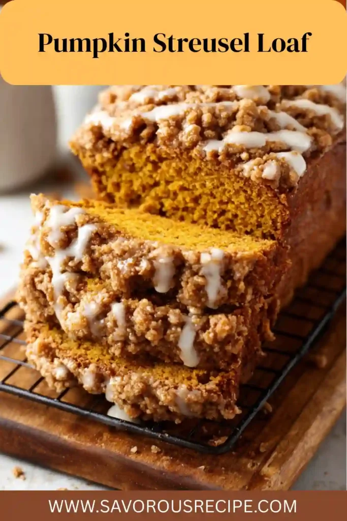 Sliced pumpkin streusel loaf topped with crumbly brown sugar topping and glaze