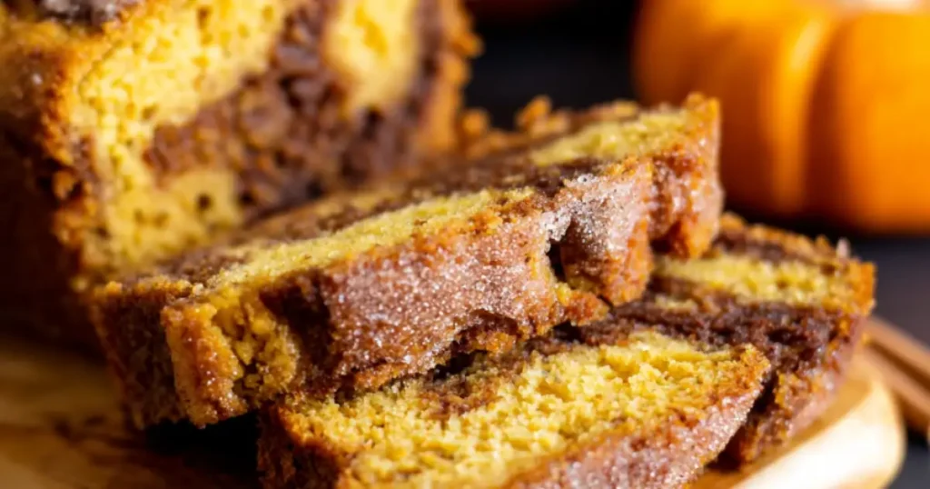 Close-up of cinnamon-sugar pumpkin swirl loaf slices on wooden tray