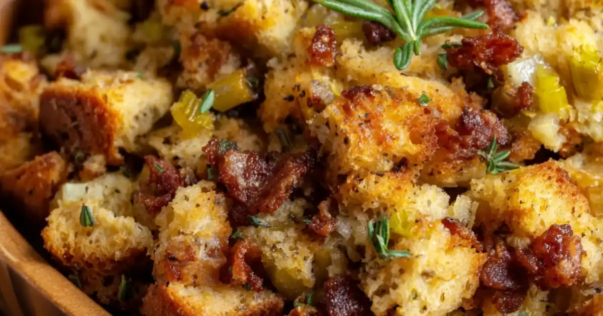 golden brown stuffing with sausage, herbs, and celery in a rustic wood bowl