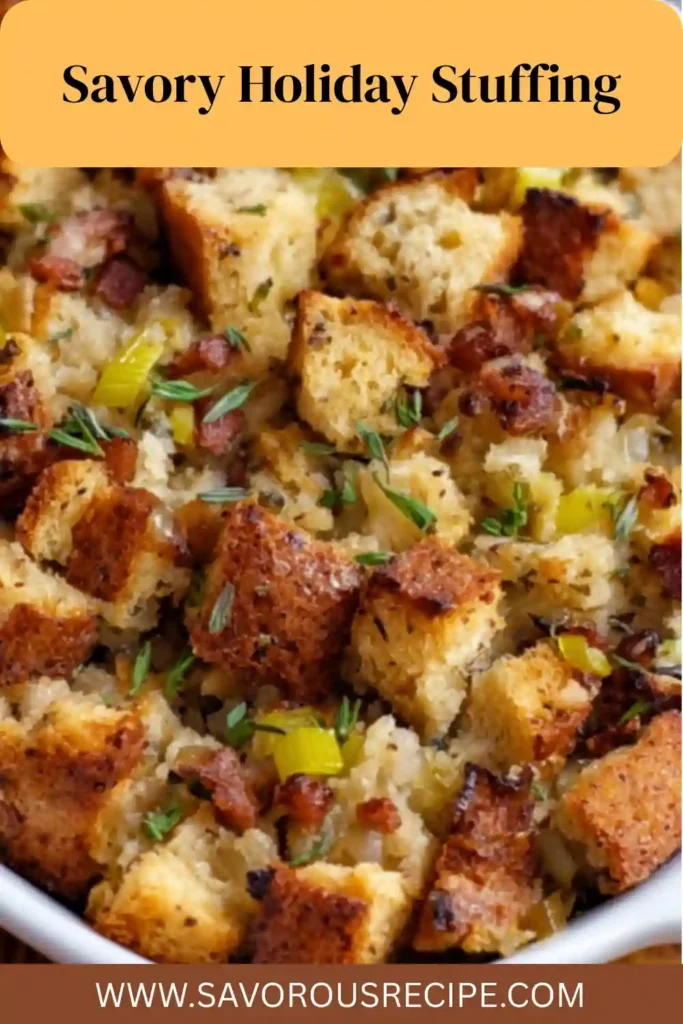 close-up of golden bread stuffing with sausage, celery, and herbs in a white dish