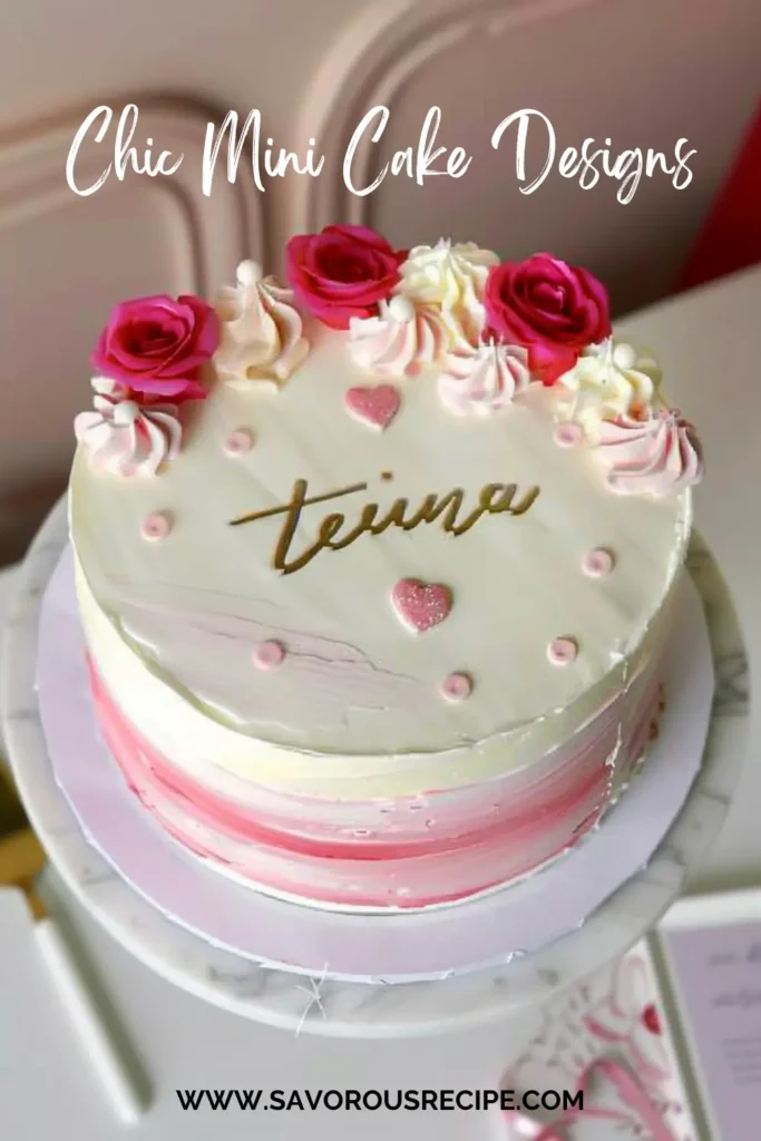 Elegant white and pink birthday cake with roses and heart accents.