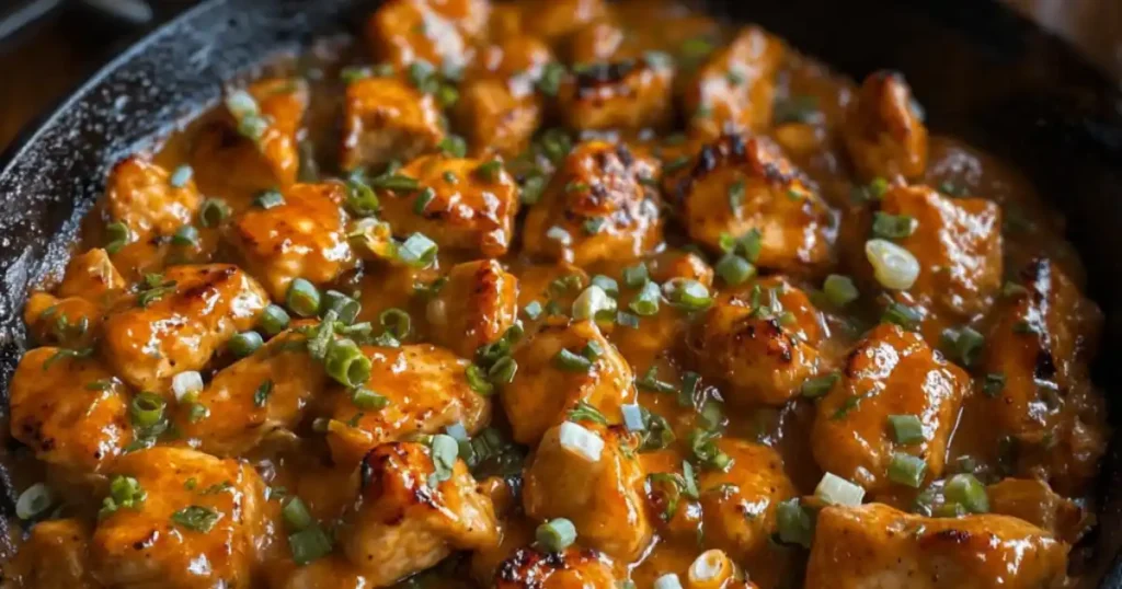 spicy garlic chicken in skillet with rich sauce and green onions
