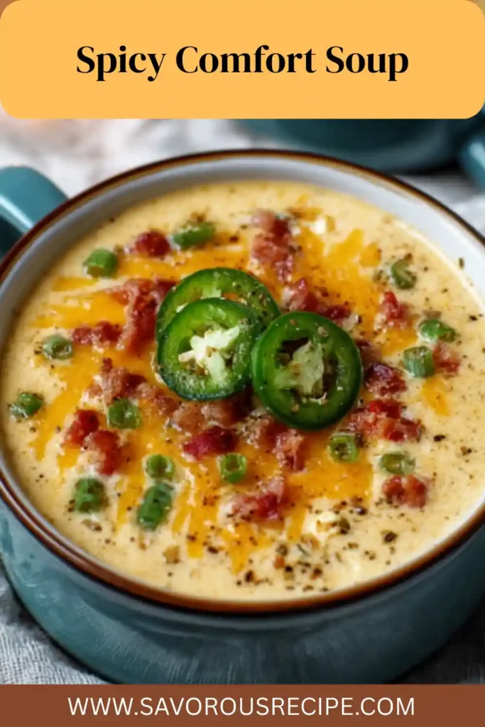 cheesy soup topped with crispy bacon, sliced jalapeños, green onions, and black pepper
