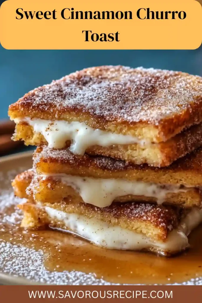 stacked churro toast filled with cream, coated in cinnamon sugar, and drizzled with syrup on a plate