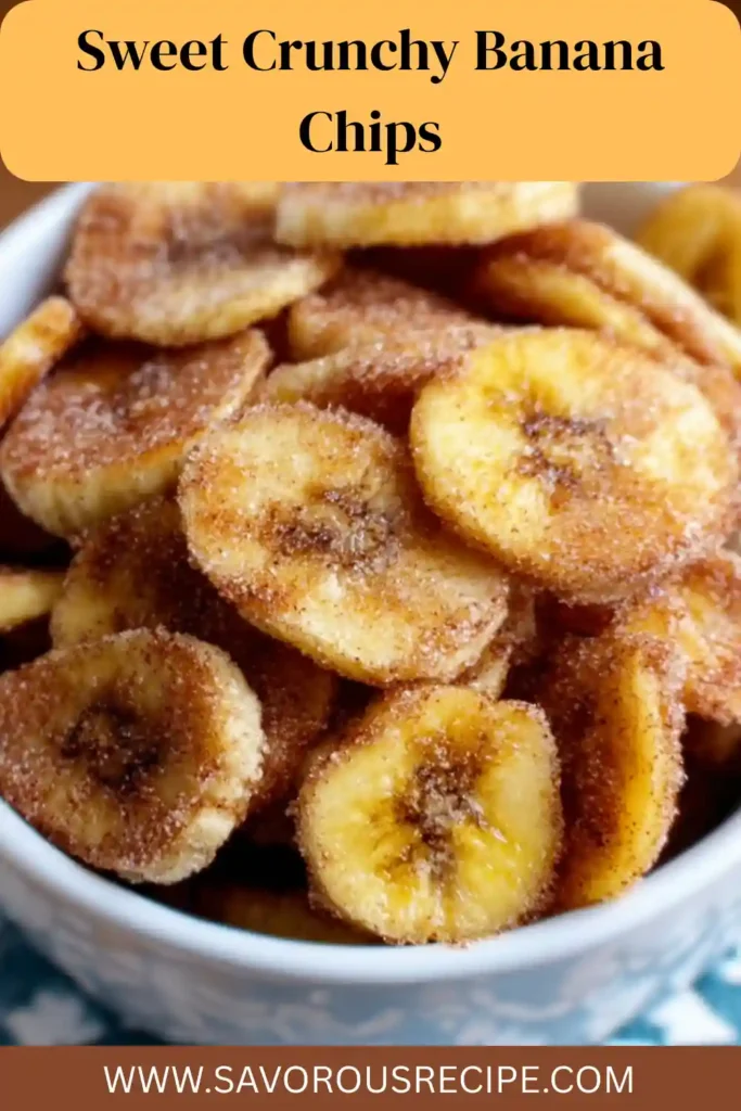 bowl filled with banana chips coated in cinnamon sugar, golden and crispy in a white dish
