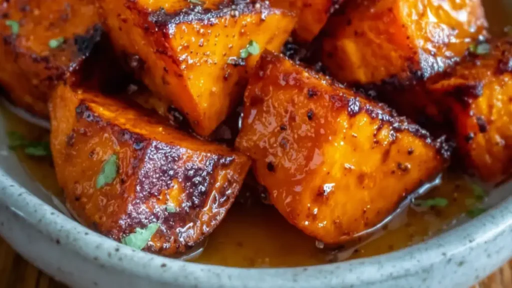 glazed roasted sweet potato chunks with caramelized edges in a ceramic bowl