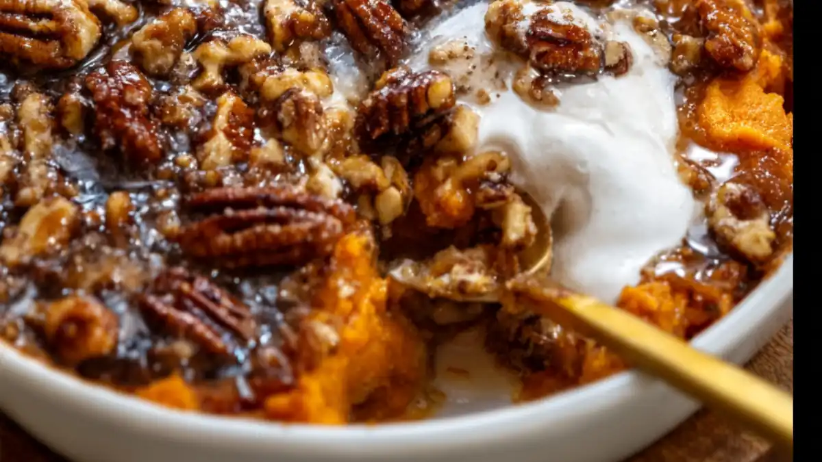 sweet potato casserole topped with toasted pecans, brown sugar glaze, and whipped cream