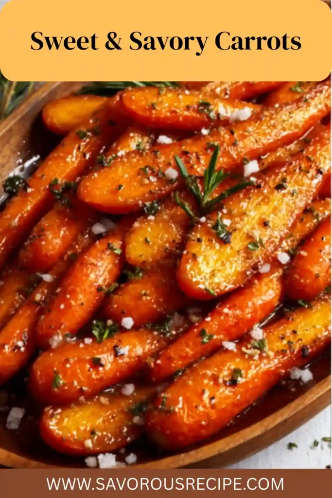 sweet and savory glazed carrots with rosemary in a wooden bowl and text overlay