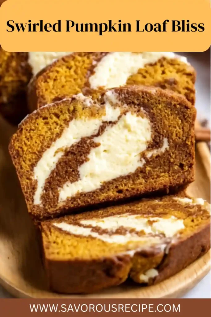 Pumpkin loaf with rich cream cheese swirl sliced on wooden tray