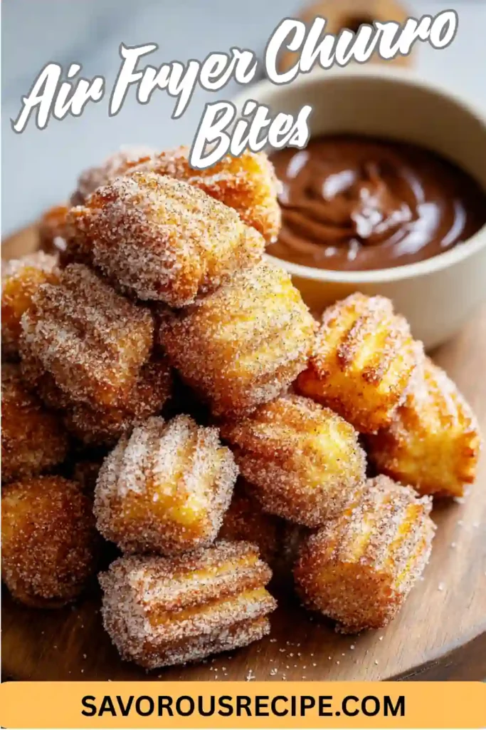 Air fryer churro bites stacked on a wooden board with cinnamon sugar coating and a bowl of chocolate dip in background