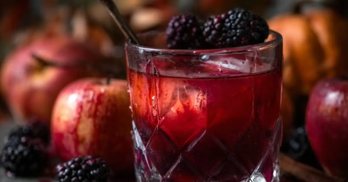 Red apple and blackberry cocktail in crystal glass with garnish, surrounded by apples and pumpkins