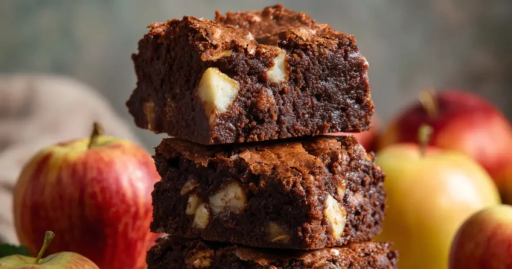 Stack of fudgy apple brownies with apple chunks and fresh apples in the background