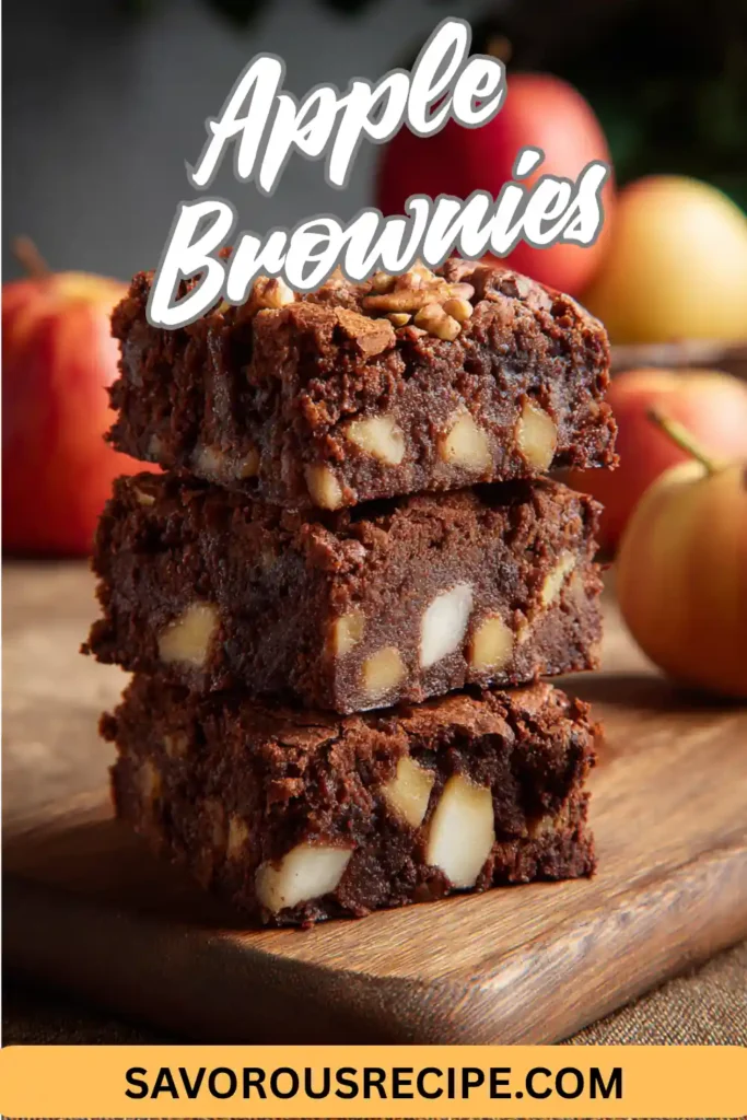 Stack of apple brownies with chunks of apples on a wooden board surrounded by fresh apples