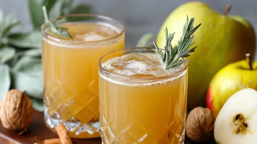 apple cider mocktail in crystal glasses with rosemary, apples, and walnuts