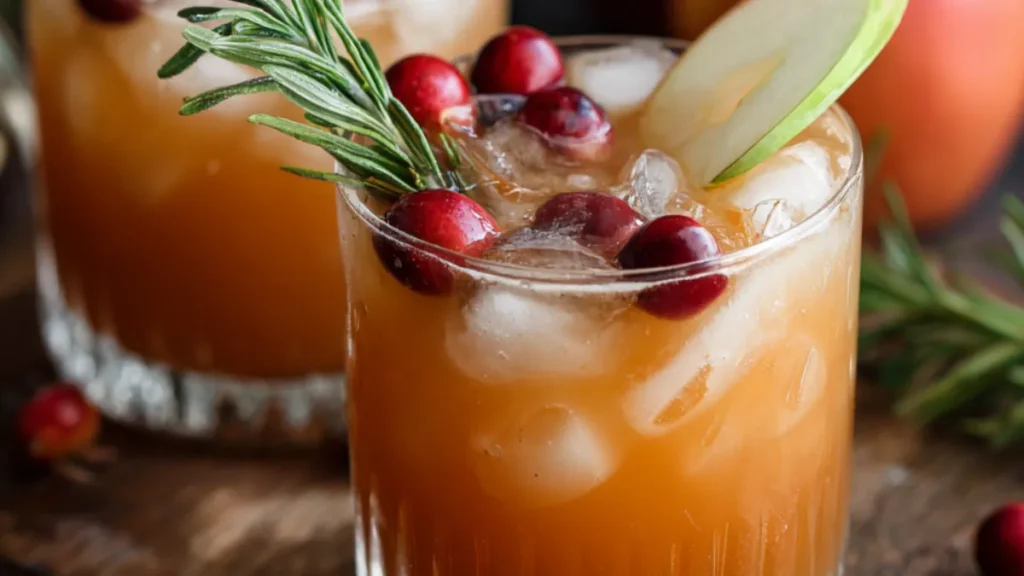 apple cider thanksgiving mocktail with cranberries, rosemary, and apple slices in ice-filled glasses