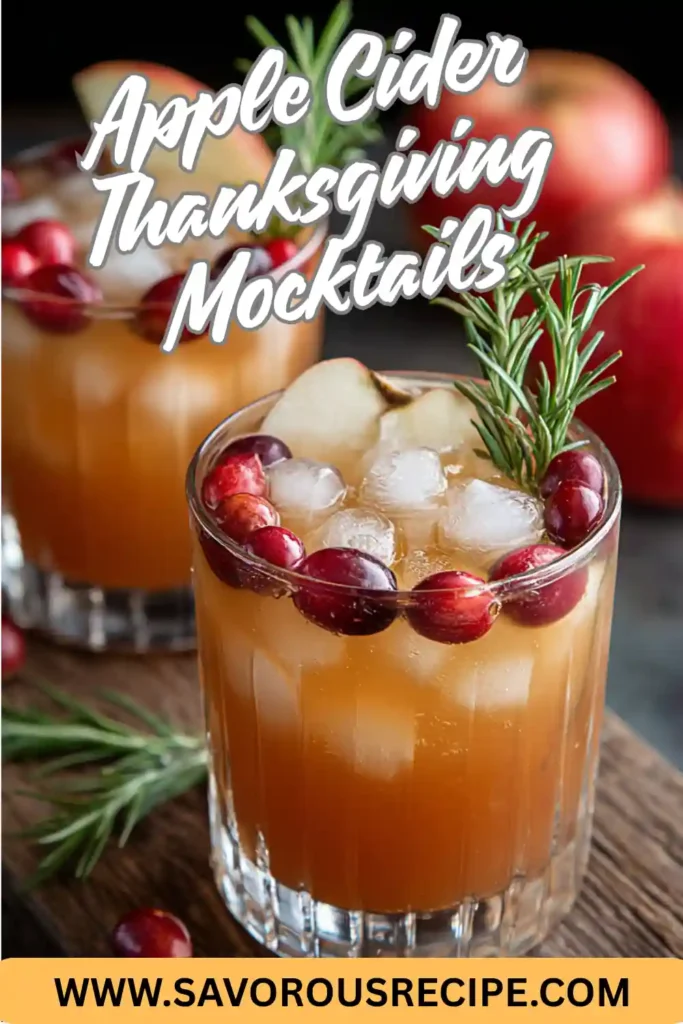 thanksgiving apple cider mocktail with cranberries, ice cubes, rosemary, and apple slices