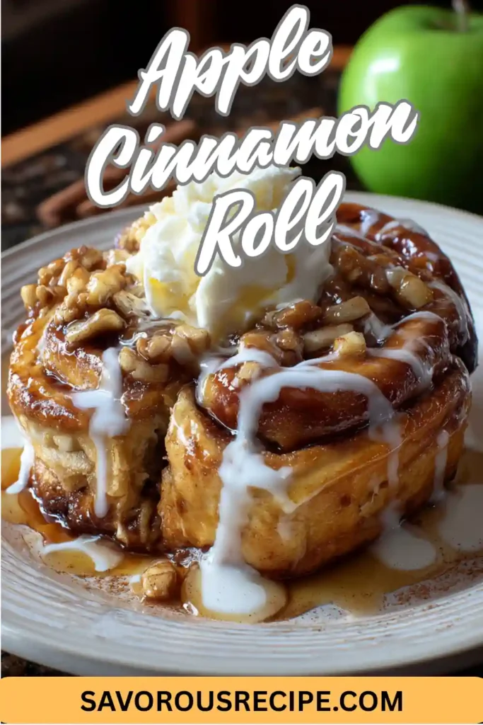Warm apple cinnamon roll topped with vanilla ice cream and drizzled icing.