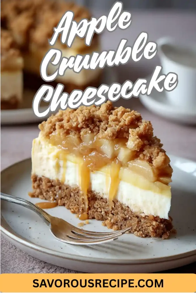 slice of apple crumble cheesecake with caramel on plate and fork