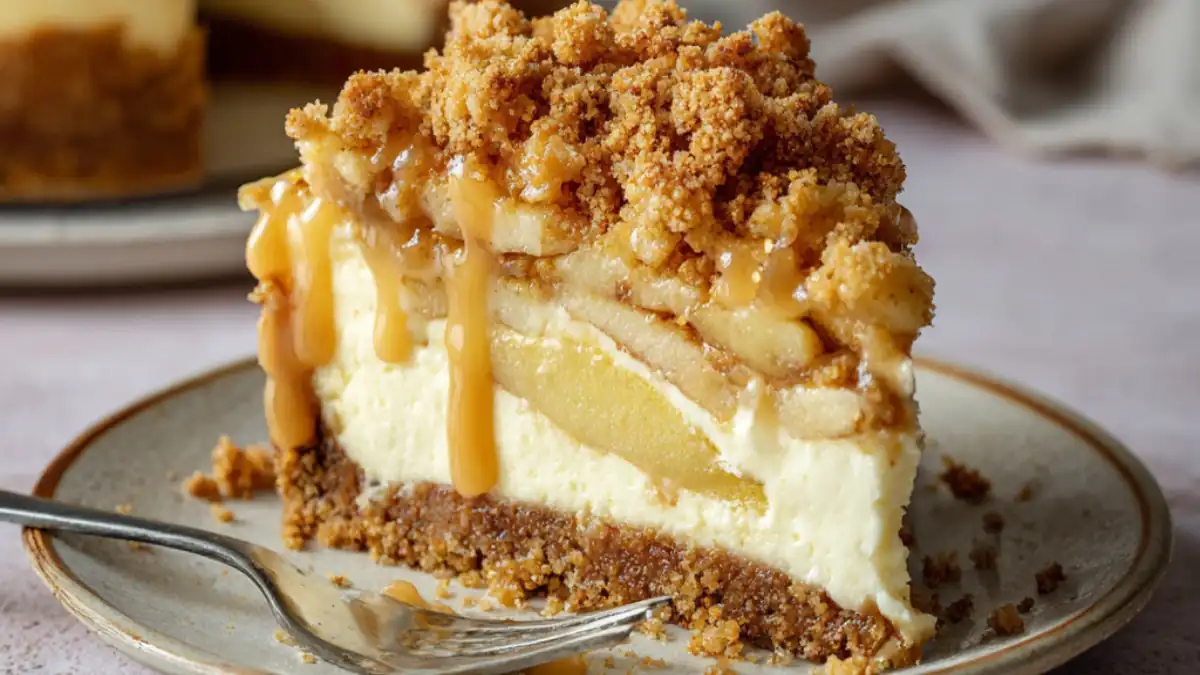 slice of apple crumble cheesecake with caramel drizzle on a dessert plate