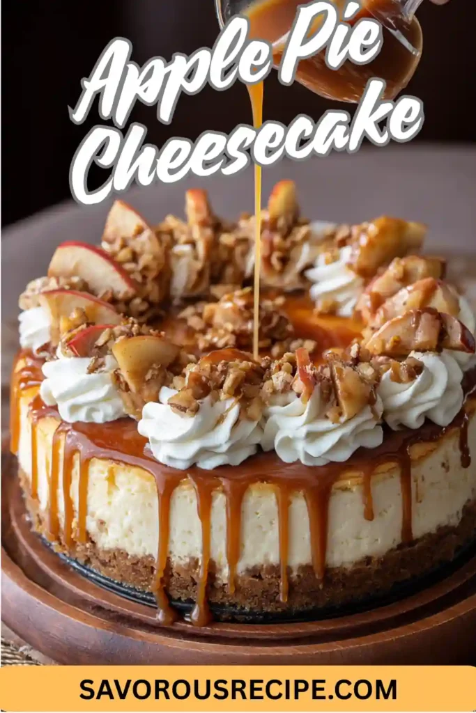 apple pie cheesecake with whipped cream, pecans, and caramel drizzle